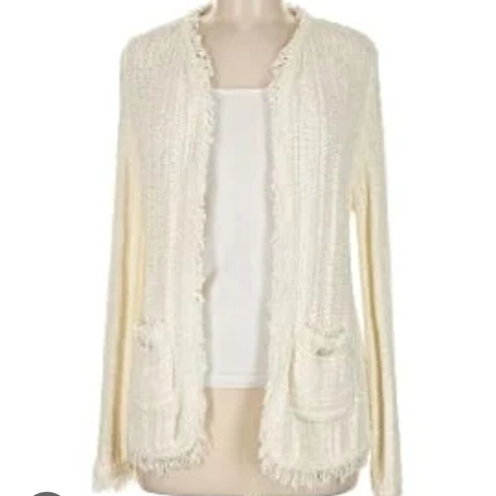 J CREW Women's Long Open Cardigan SZ X-Large Cream Fringed Texture Knit Sweater